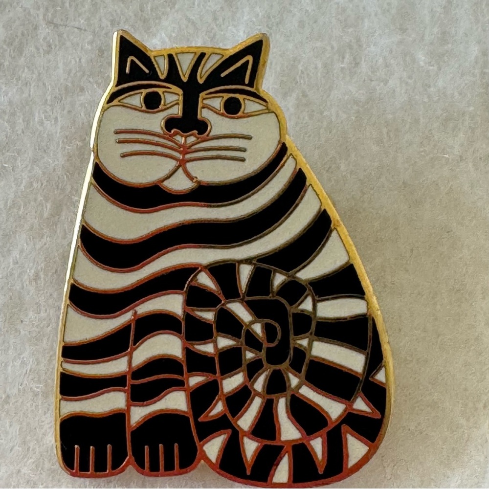 Laurel Burch Black and White Stripe Shambala Gold Cat Brooch